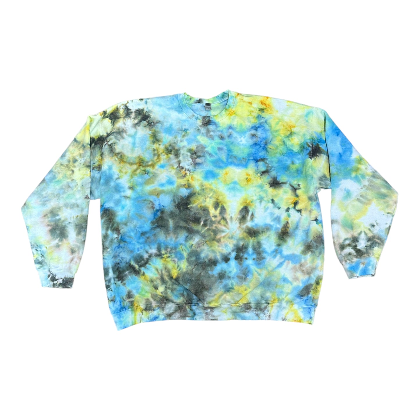 Adult 3XL Blue Yellow and Green Scrunch Ice Tie Dye Crewneck Sweater