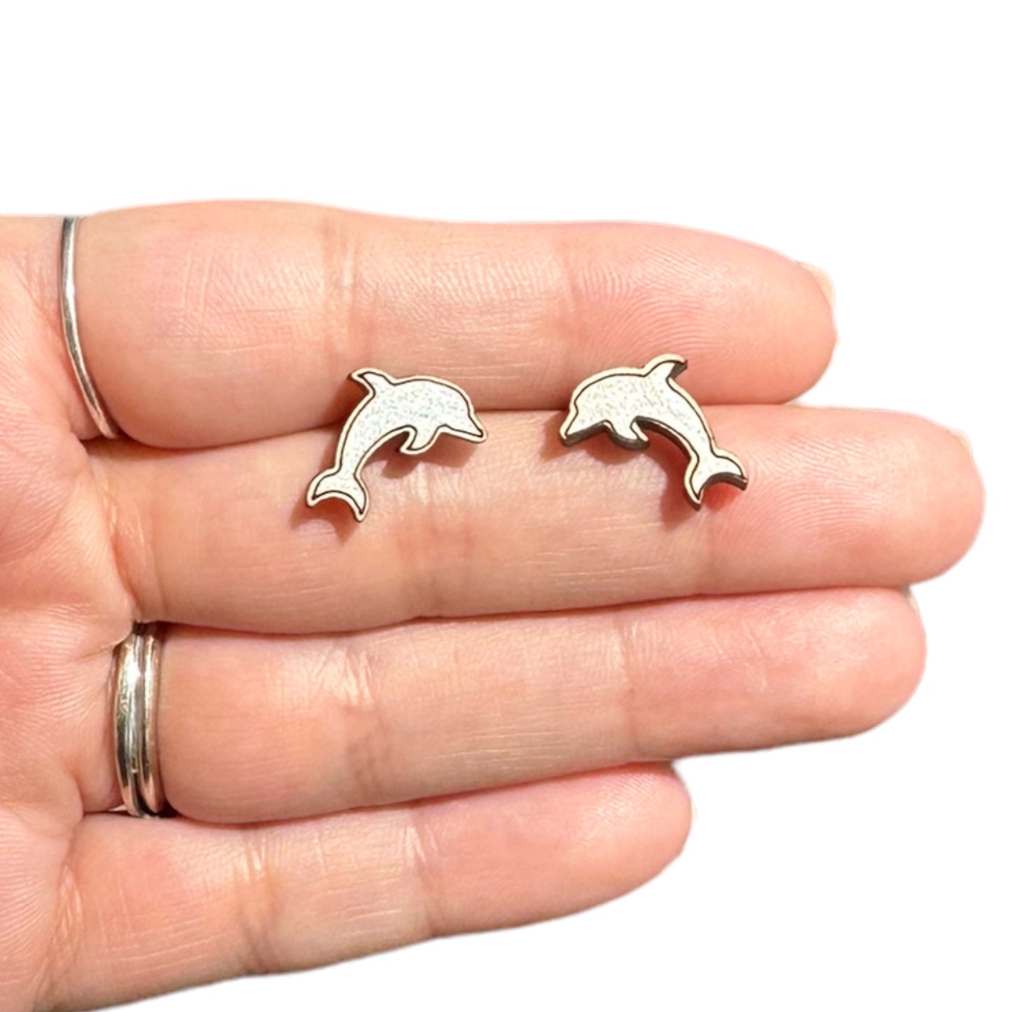 Hypoallergenic Hand Painted Silver Dolphin Laser Engraved Wood Stud Earrings