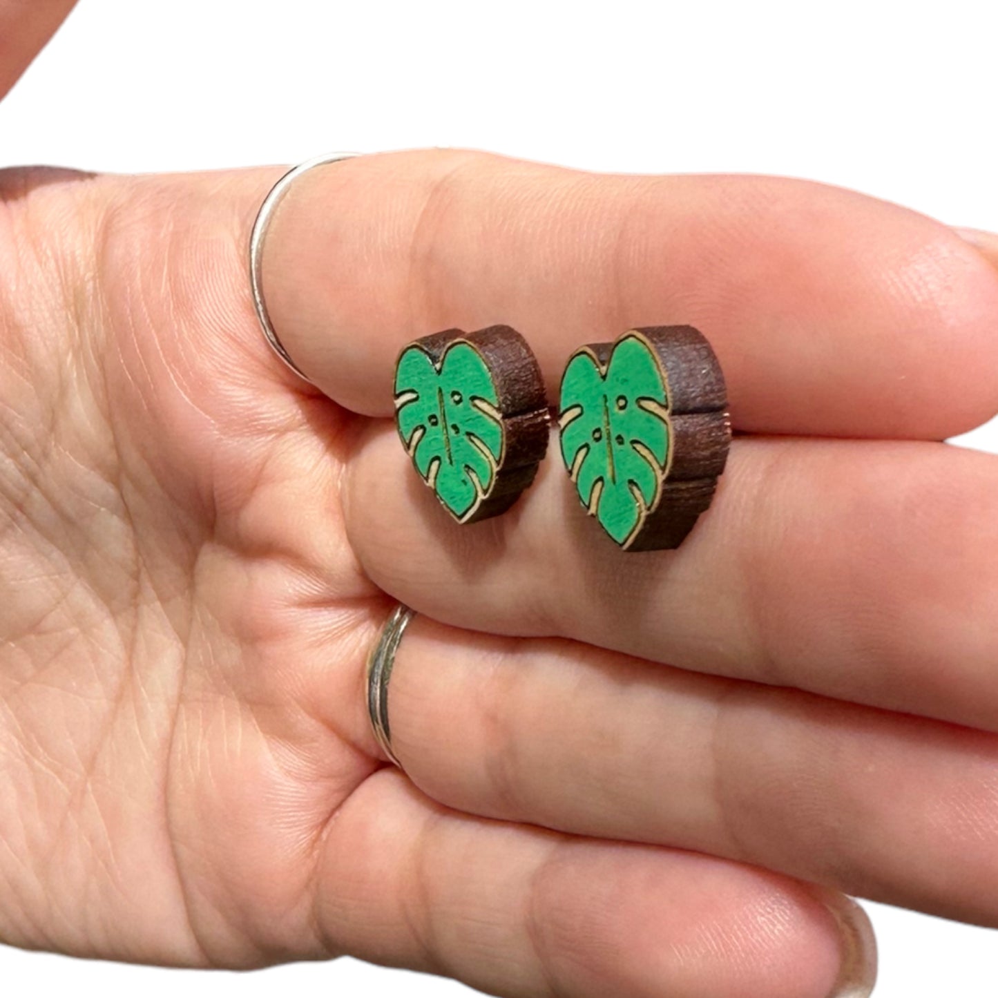 Hypoallergenic Hand Painted Green Botanical Leaf Laser Engraved Wood Stud Earrings