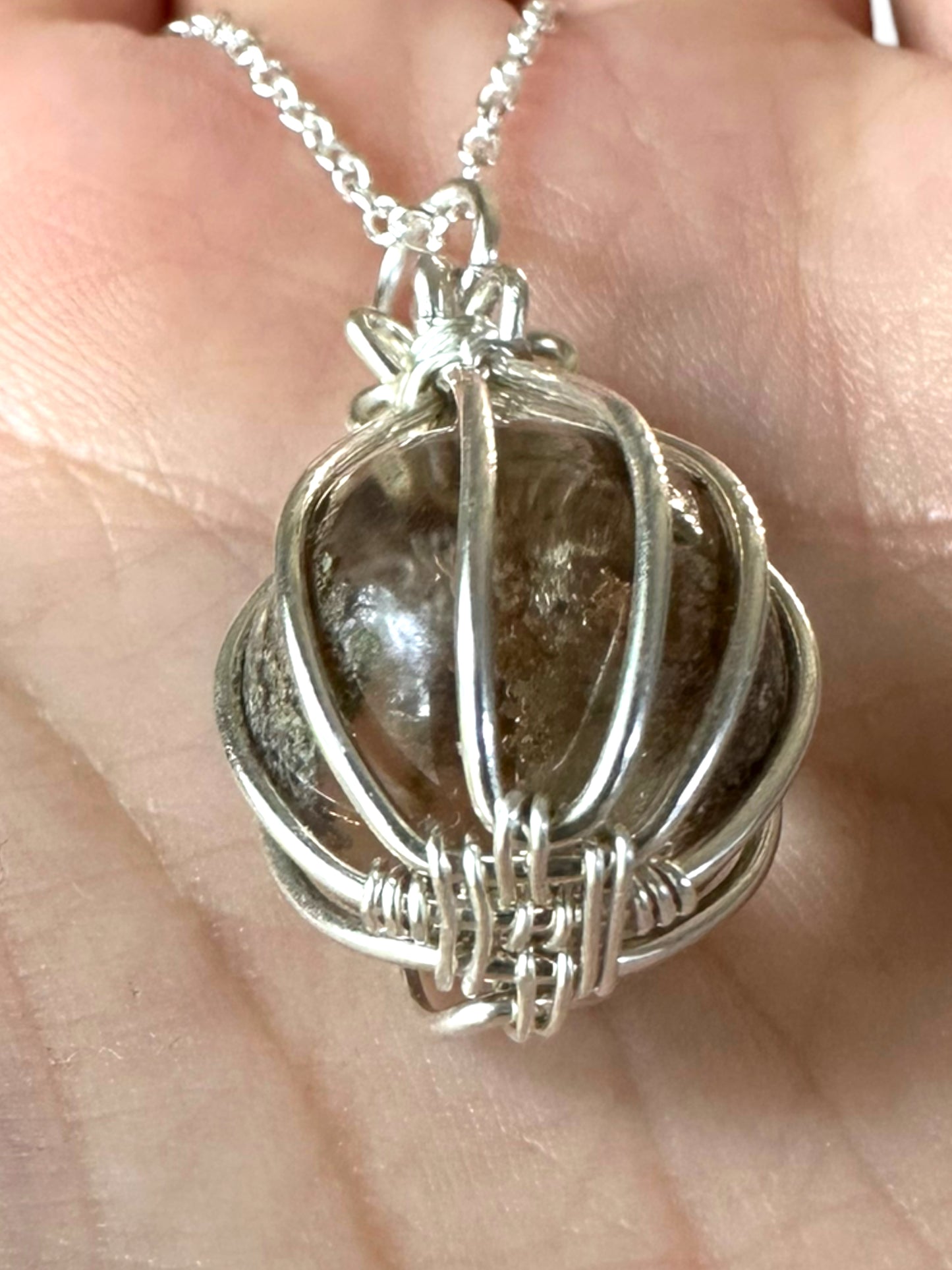 Sterling Silver Wire Wrapped Garden Quartz Crystal Sphere Cage Pendant