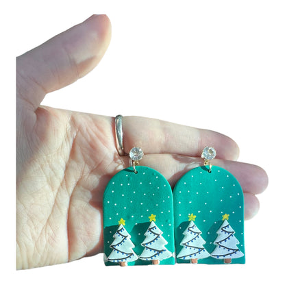 Hypoallergenic Hand Painted Christmas Snow Globe White Christmas Trees Dangle Clay Earrings