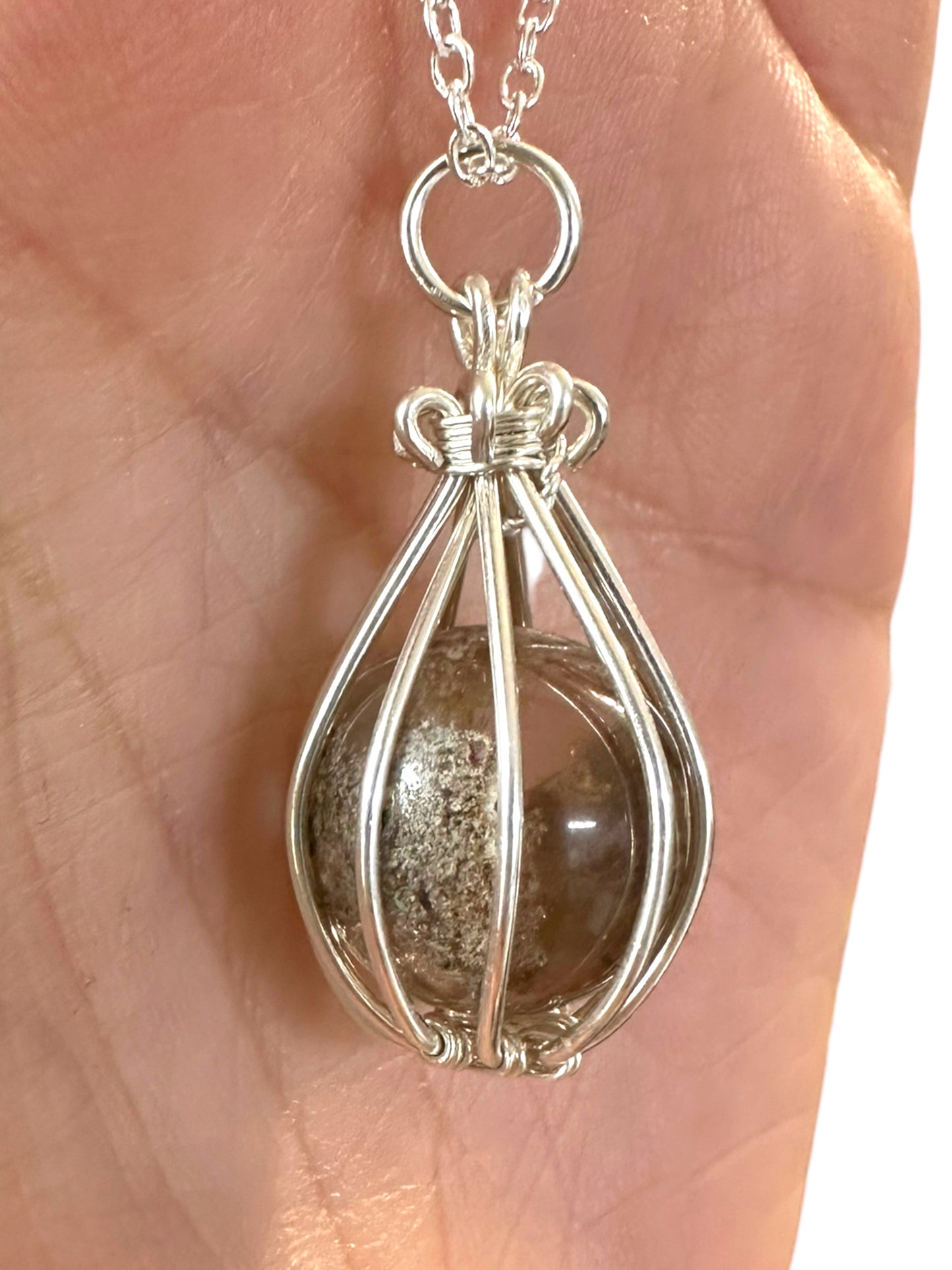 Sterling Silver Wire Wrapped Garden Quartz Crystal Sphere Cage Pendant