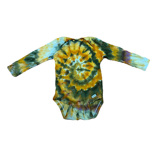 Infant 18 Months Moss Green and Golden Yellow Spiral Ice Dye Tie Dye Long Sleeve Onesie