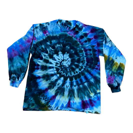 Youth Large Purple Navy Blue and Yellow Spiral Ice Dye Tie Dye Long Sleeve Shirt