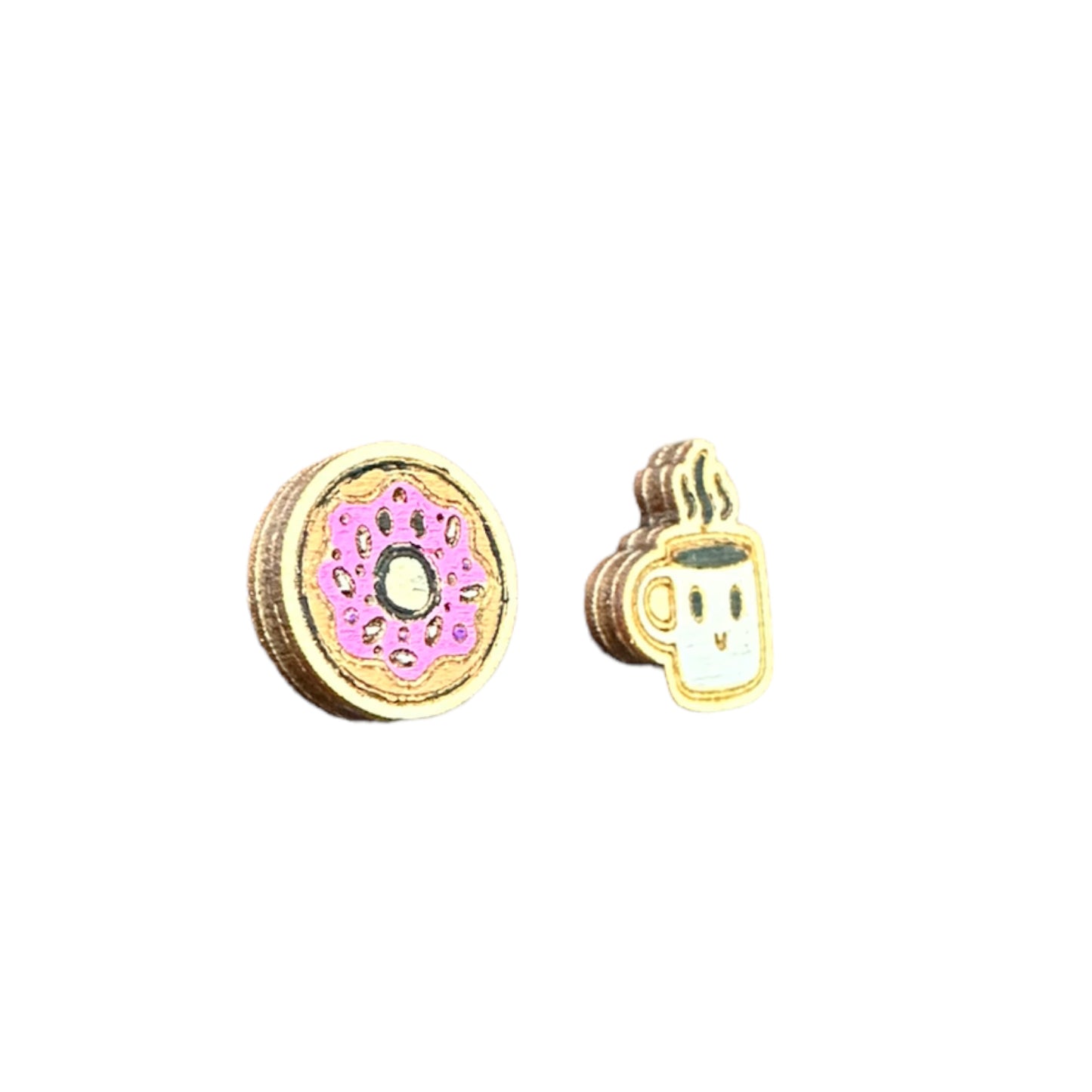 Hypoallergenic Hand Painted Coffee and Donut Laser Engraved Wood Stud Earrings