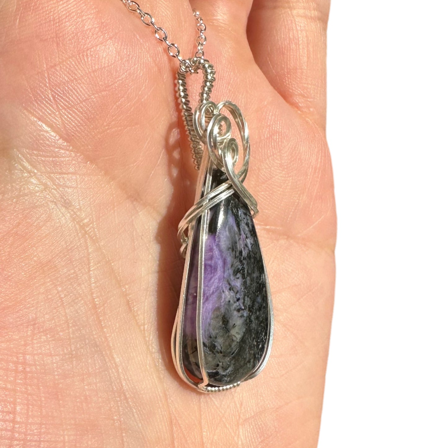 Sterling Silver Wire Wrapped Charoite Crystal Bezel Pendant