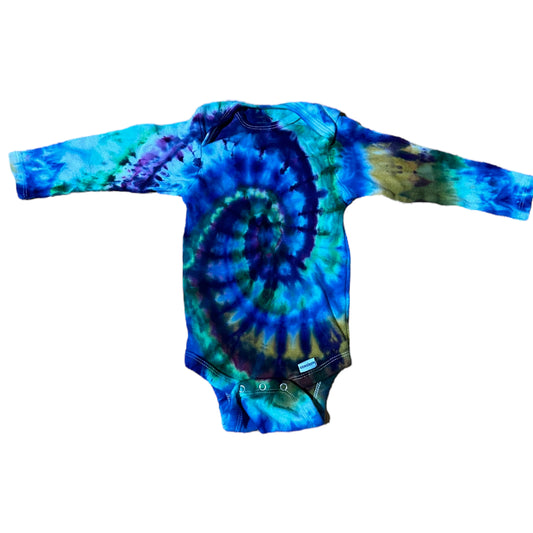 Infant 12 Month Blue Purple and Green Spiral Ice Dye Tie Dye Long Sleeve Onesie