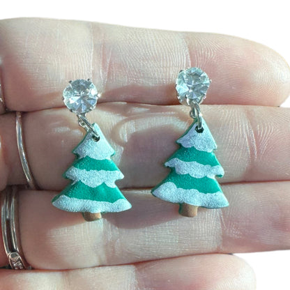 Hypoallergenic Hand Painted Christmas Tree Dangle Clay Earrings