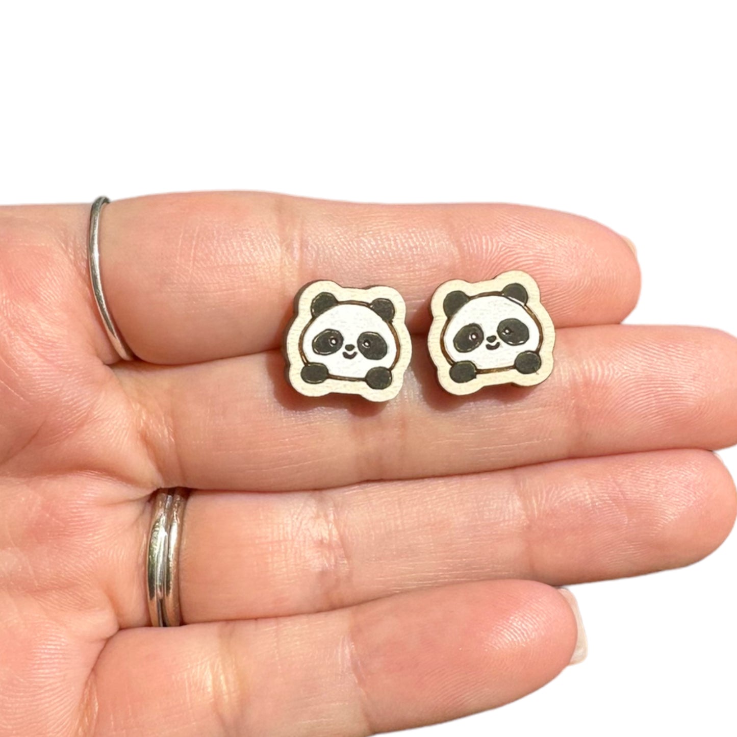 Hypoallergenic Hand Painted Panda Laser Engraved Wood Stud Earrings
