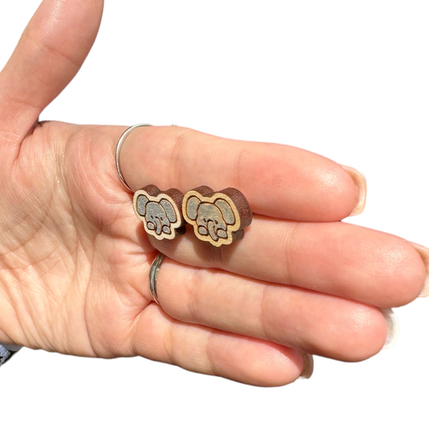 Hypoallergenic Hand Painted Silver Elephant Laser Engraved Wood Stud Earrings