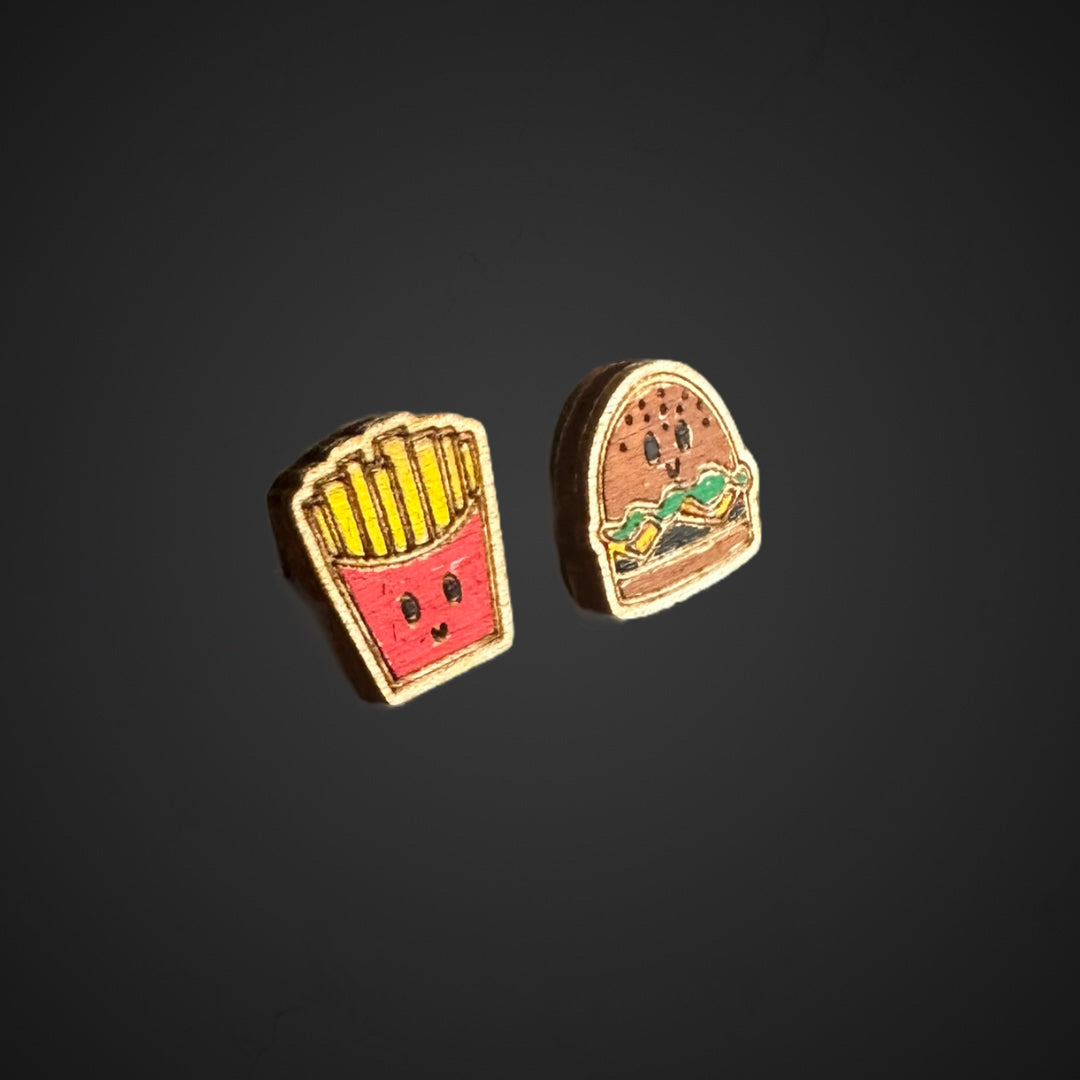 Painted Hypoallergenic Hamburger and French Fries Laser Engraved Wood Earrings