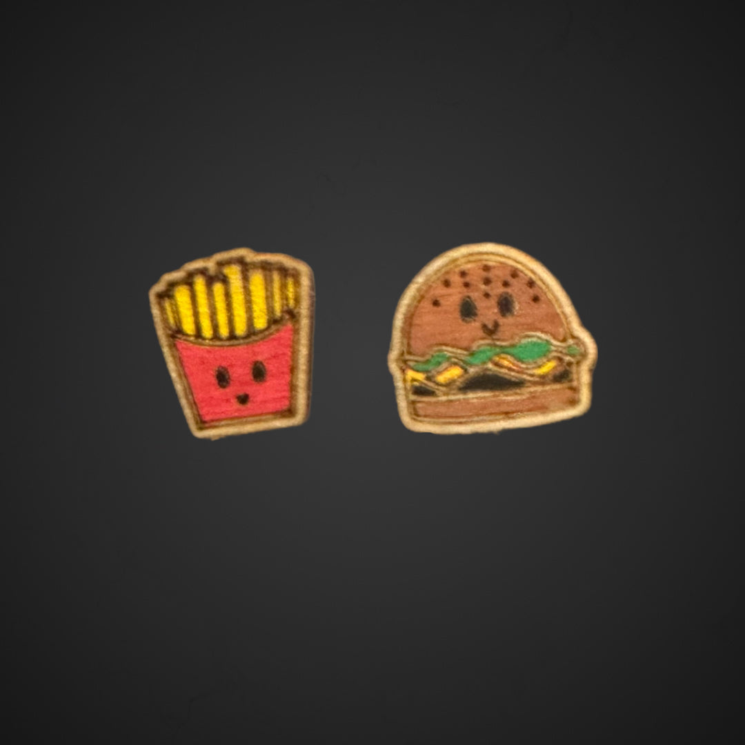 Painted Hypoallergenic Hamburger and French Fries Laser Engraved Wood Earrings