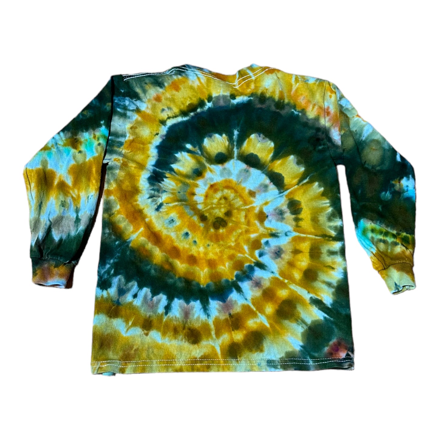 Youth Small Golden Yellow and Moss Green Spiral Ice Dye Tie Dye Long Sleeve Shirt