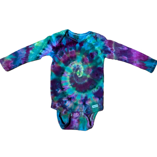 Infant 6-9 Months Purple Blue and Green Spiral Ice Dye Tie Dye Long Sleeve Onesie
