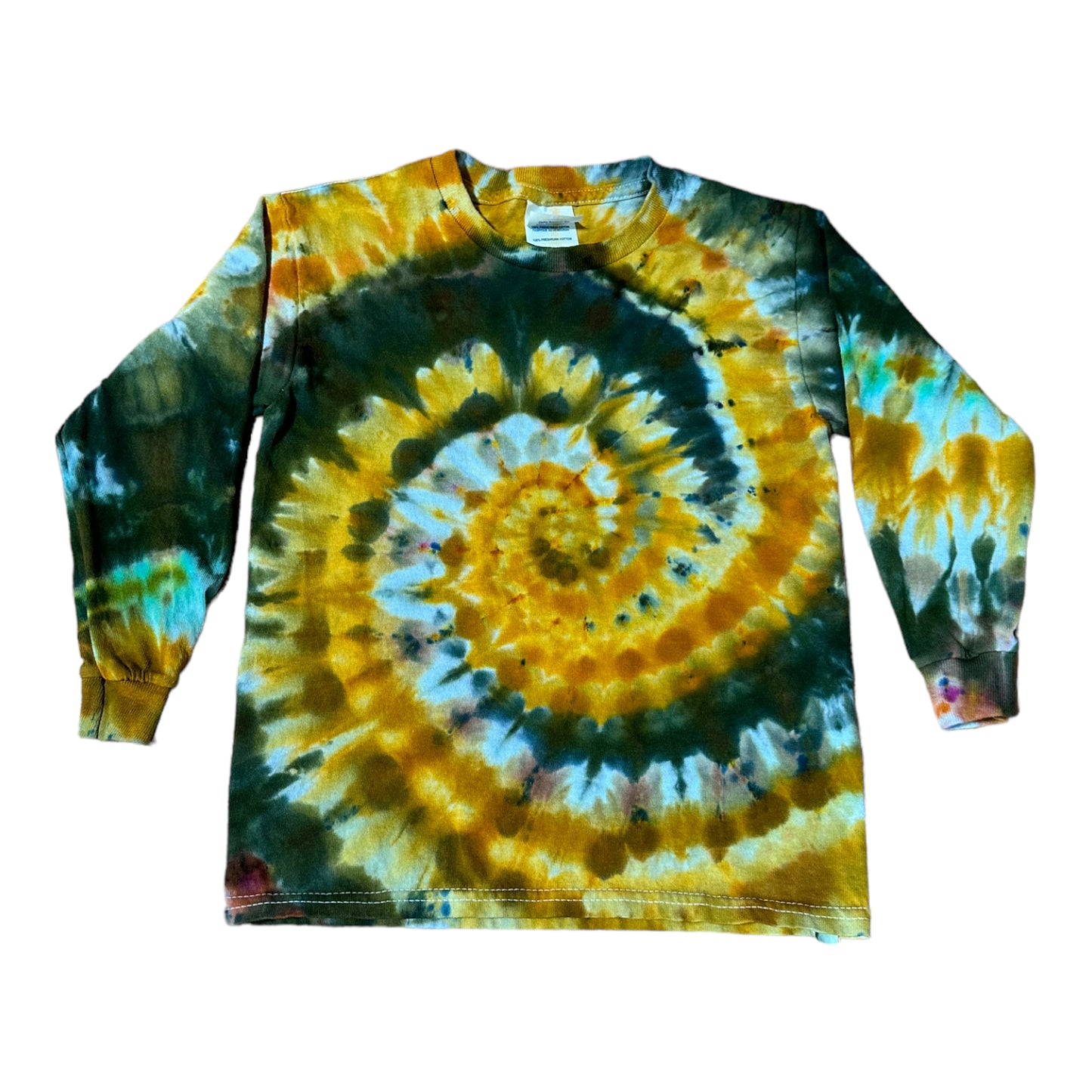 Youth Small Golden Yellow and Moss Green Spiral Ice Dye Tie Dye Long Sleeve Shirt