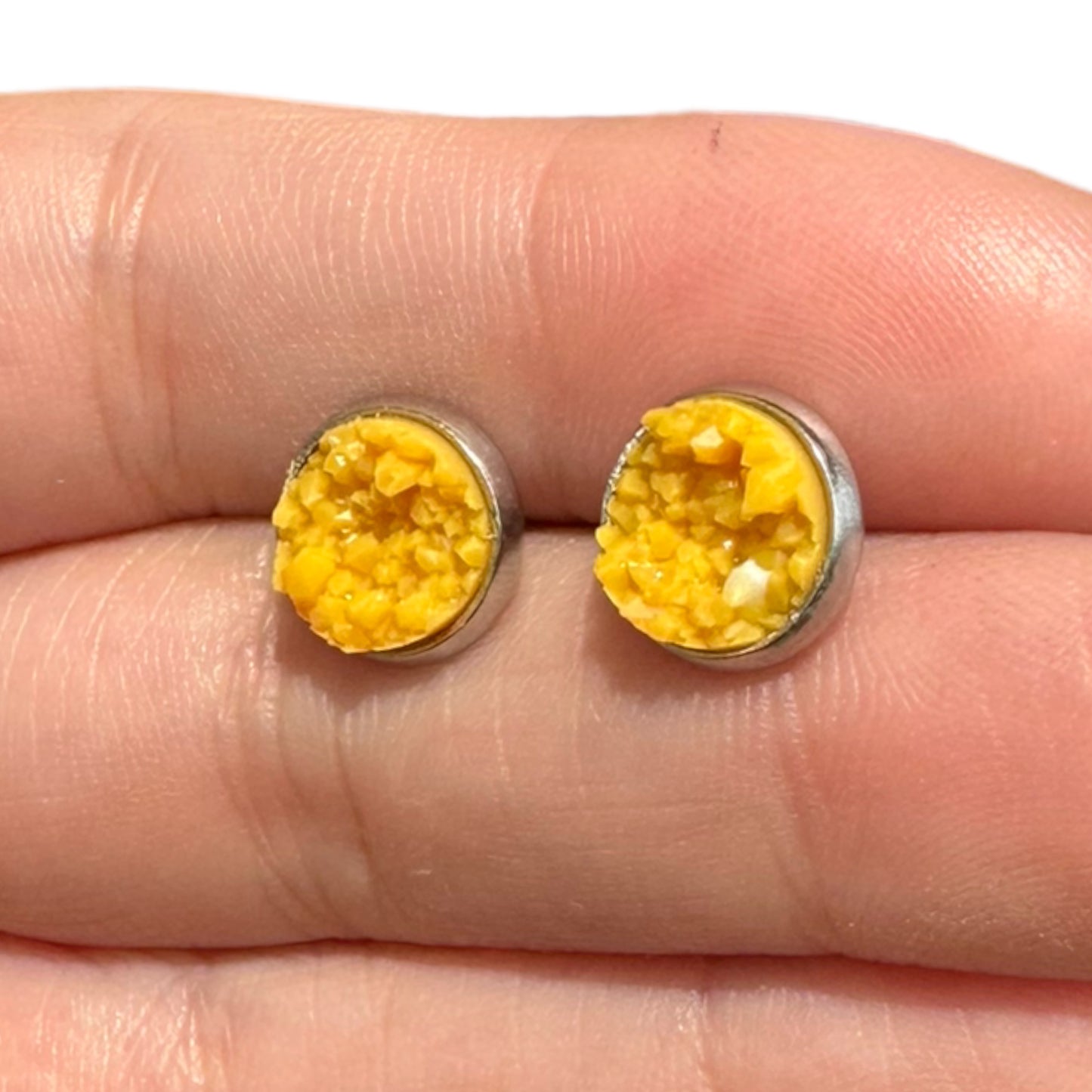 8MM Hypoallergenic Mustard Yellow Sparkle Faux Druzy Earring Studs