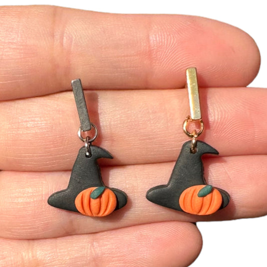 Hypoallergenic Witches Hat with Pumpkin Clay Dangle Earrings