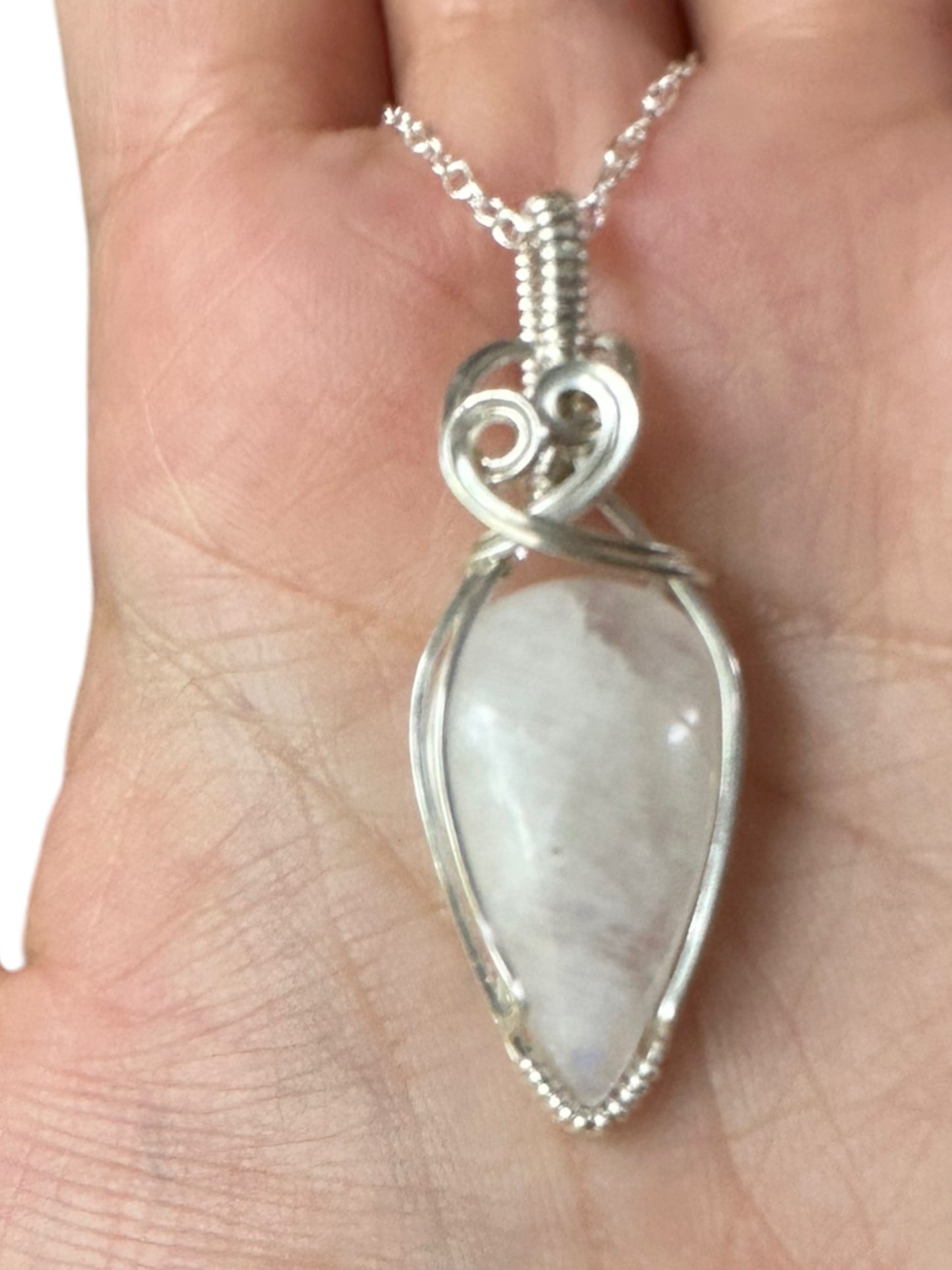Sterling Silver Wire Wrapped Rainbow Moonstone Crystal Bezel Pendant