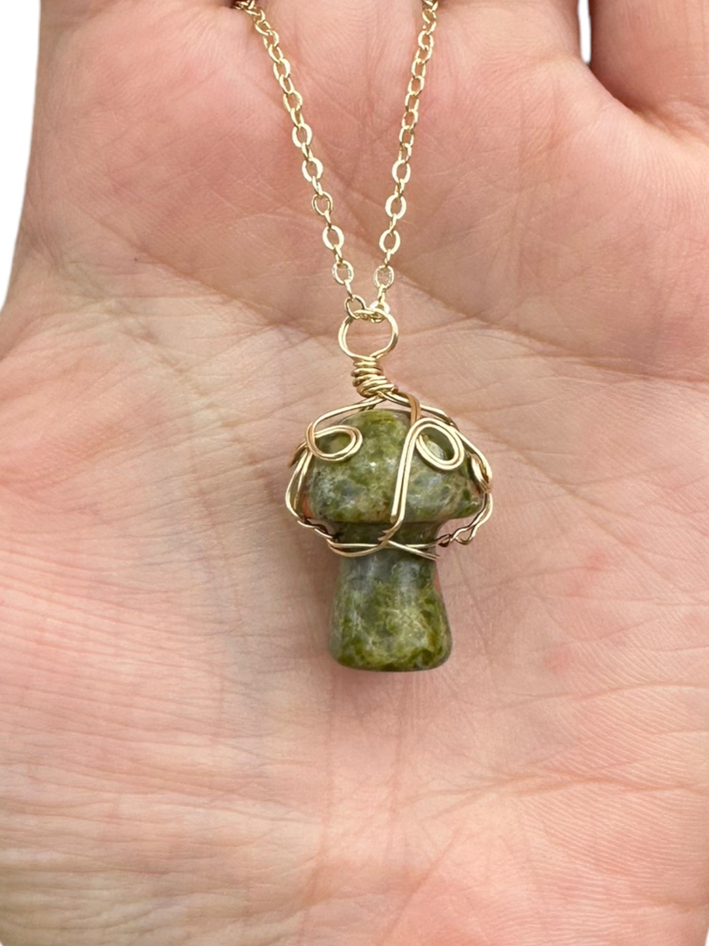 Sterling Silver | 14KT Gold Filled Wire Wrapped Unakite Crystal Mushroom Pendant