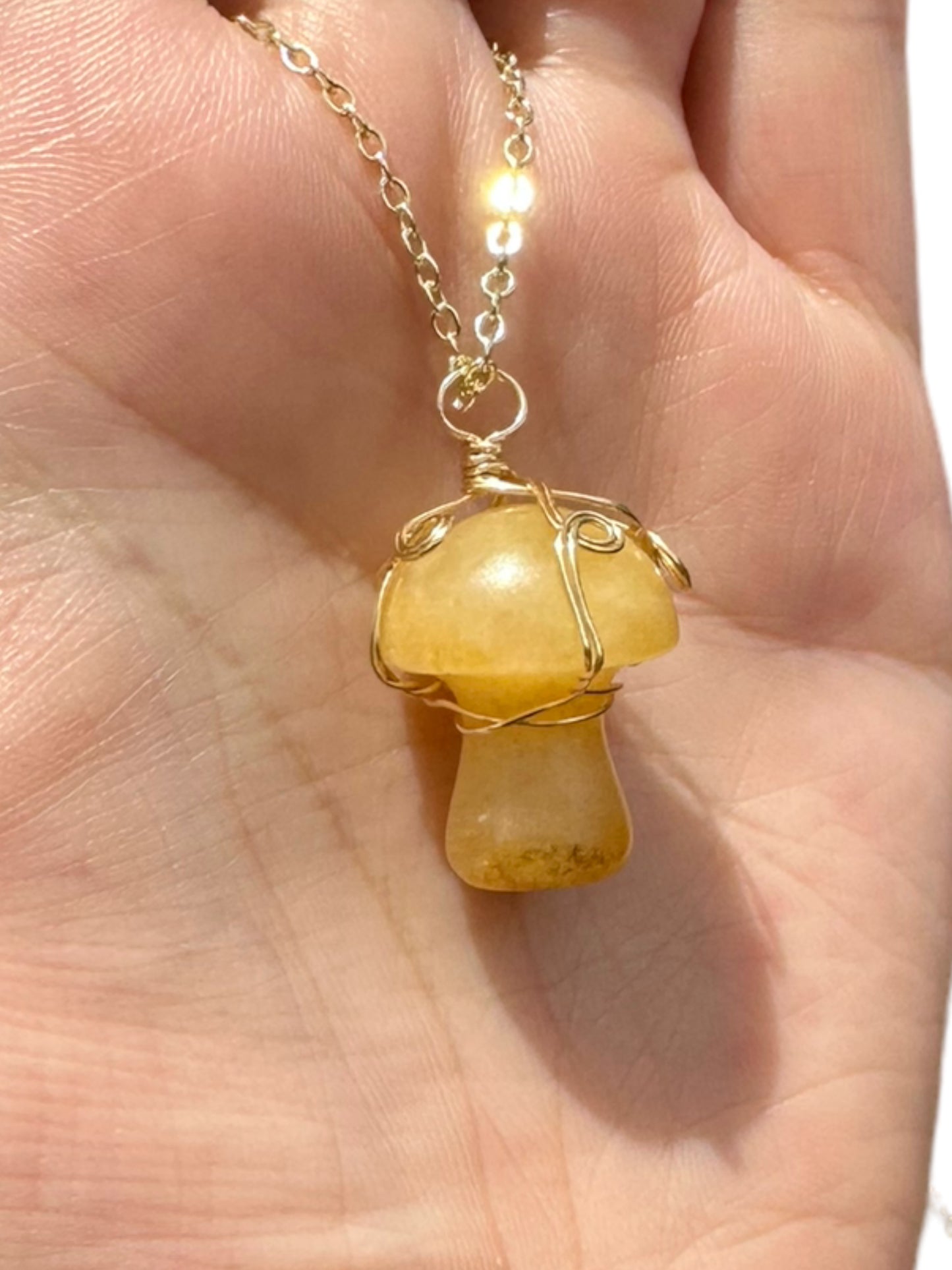 Sterling Silver | 14KT Gold Filled Wire Wrapped Yellow Jade Crystal Mushroom Pendant