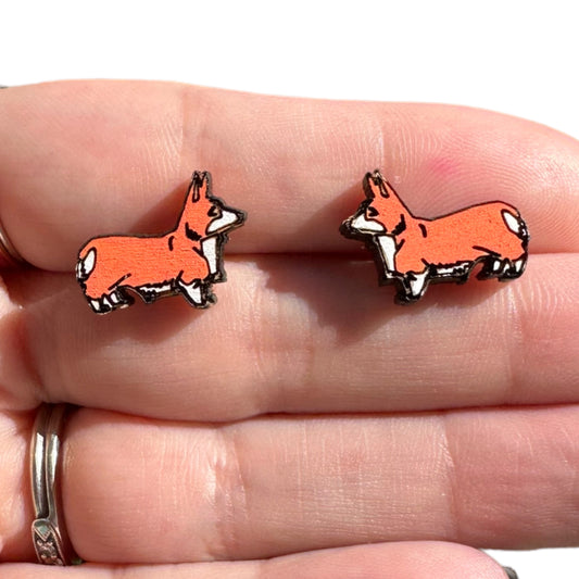Natural | Hand Painted Hypoallergenic Corgi Dog Laser Engraved Wooden Earrings