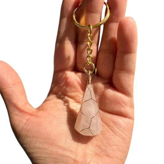 Silver | Gold Wire Wrapped Rose Quartz Crystal Keychain