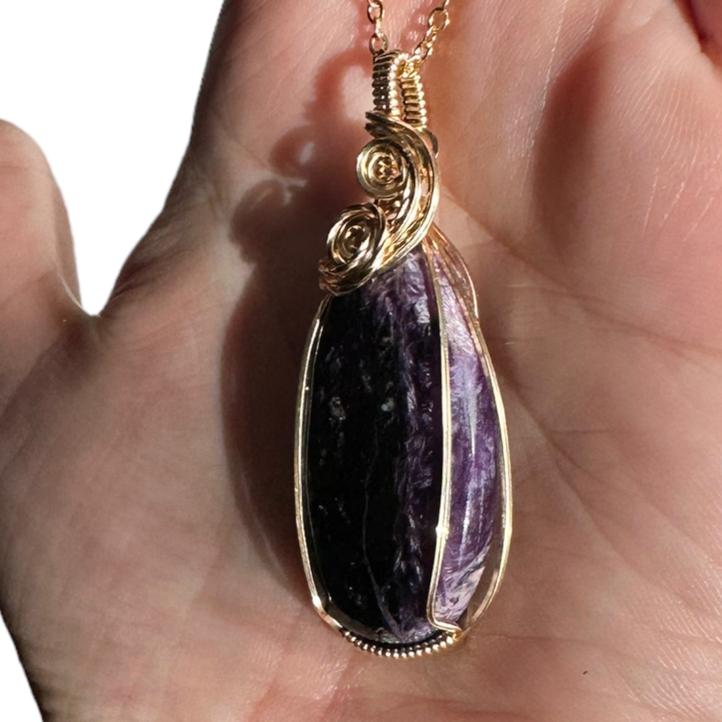 14 KT Gold Filled Wire Wrapped Charoite Crystal Bezel Pendant