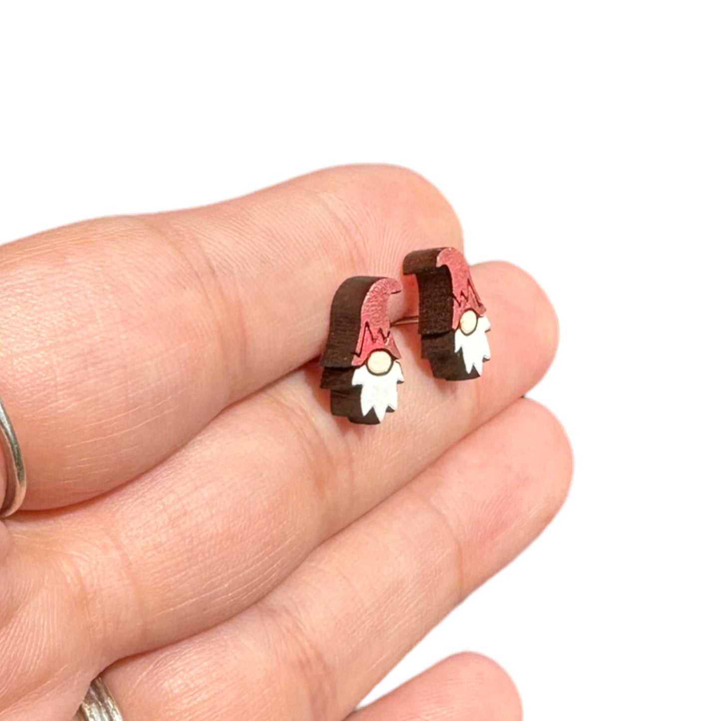 Metallic Blue | Pink | Red Hypoallergenic Hand Painted Gnome Engraved Wood Stud Earrings