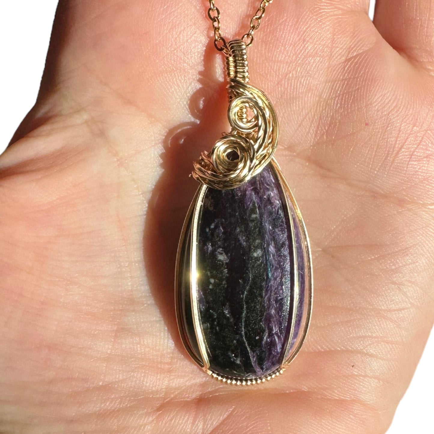 14 KT Gold Filled Wire Wrapped Charoite Crystal Bezel Pendant