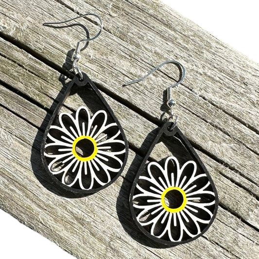 Hypoallergenic Hand Painted Daisy Laser Engraved Dangle Wood Earrings