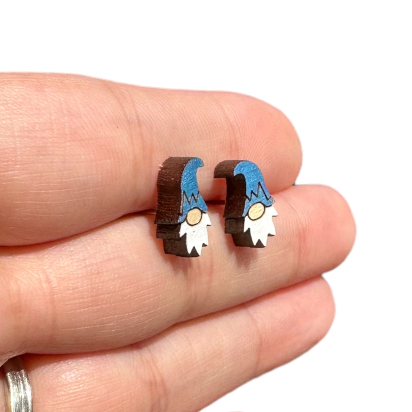 Metallic Blue | Pink | Red Hypoallergenic Hand Painted Gnome Engraved Wood Stud Earrings