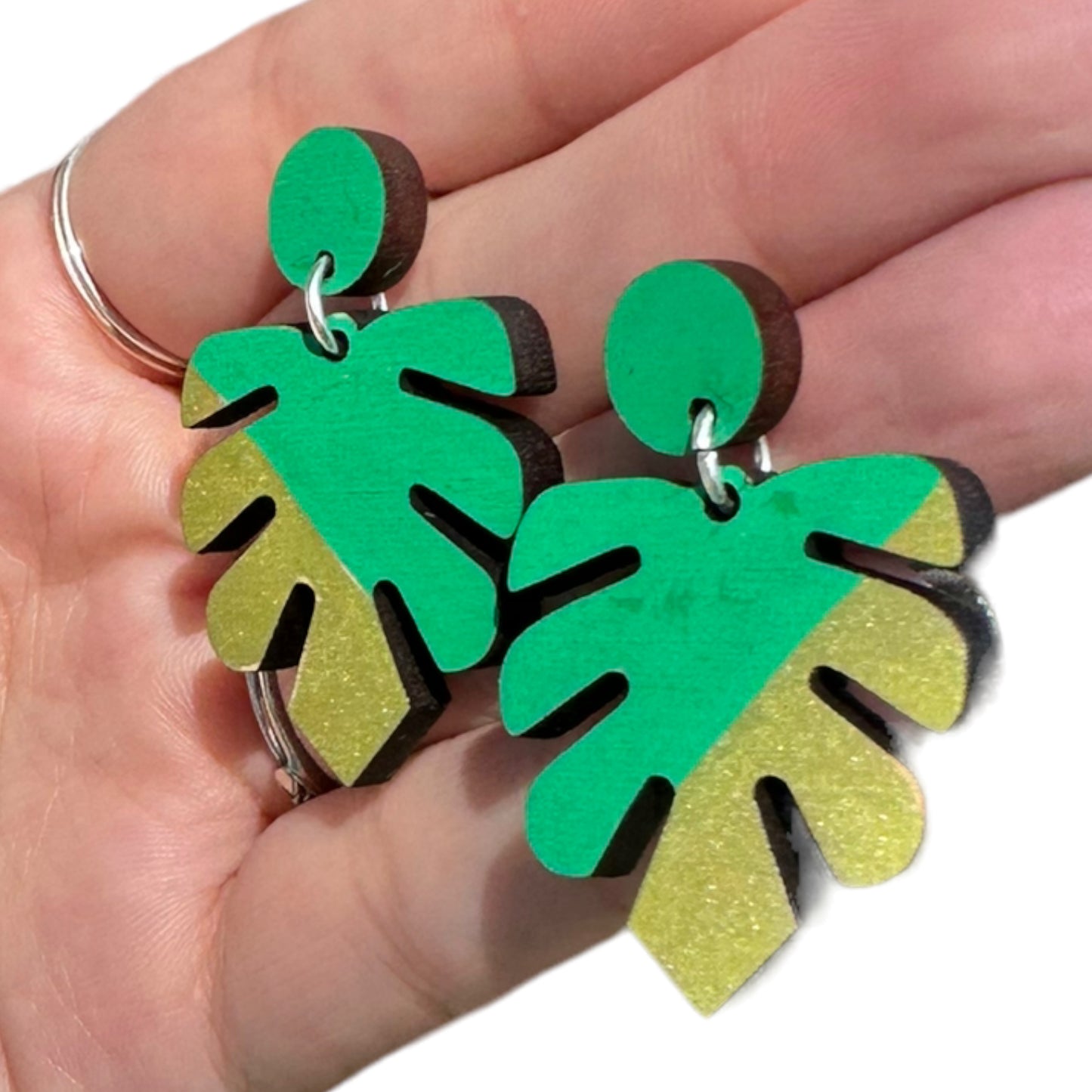 Hypoallergenic Hand Painted Green and Gold Botanical Leaf Dangle Laser Engraved Wooden Earrings