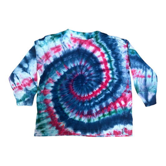 Toddler Teal Blue and Fuchsia Spiral Ice Dye Tie Dye Long Sleeve Shirt