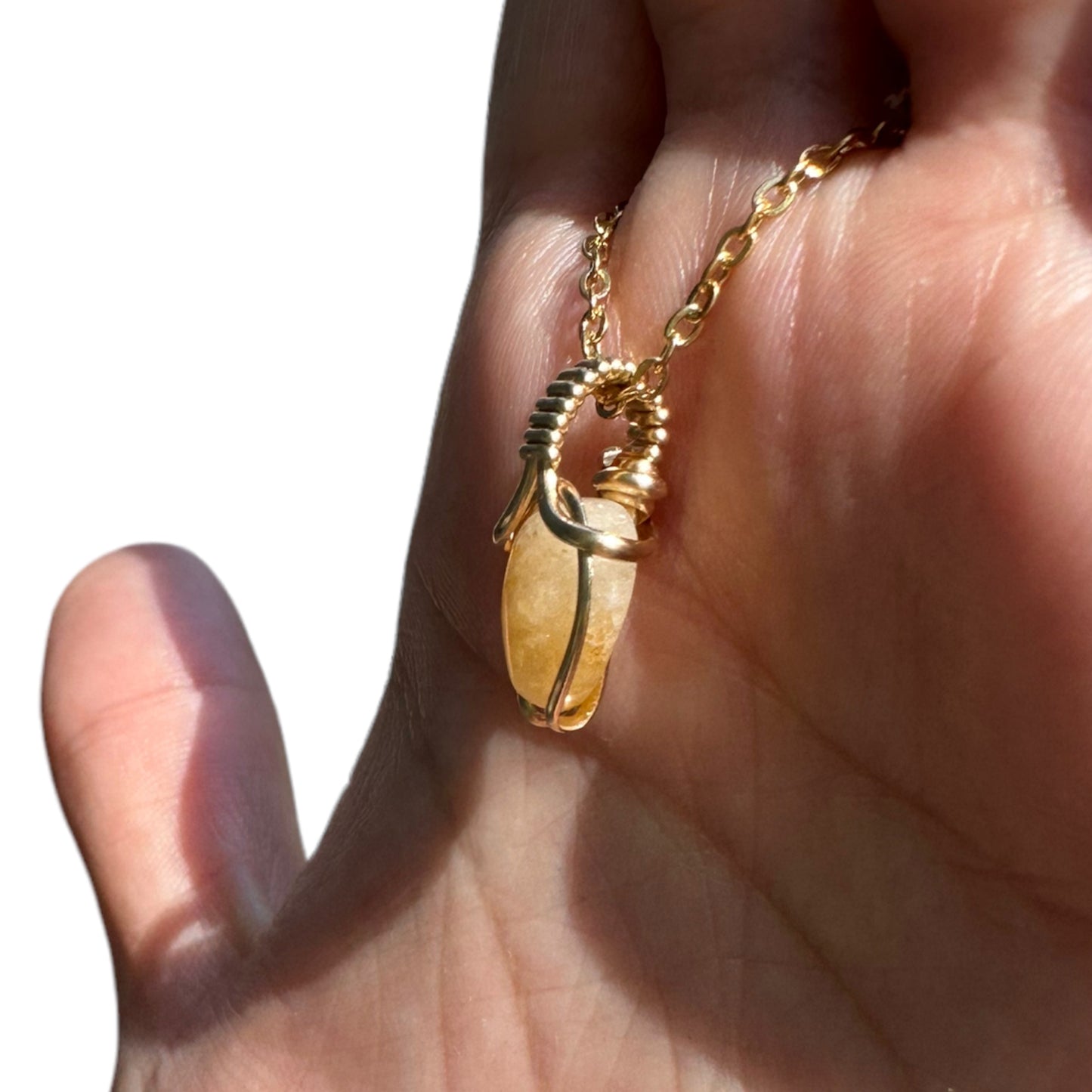 Sterling Silver | 14KT Gold Filled Mini Teardrop Yellow Jade Wishbone Wire Wrapped Pendant
