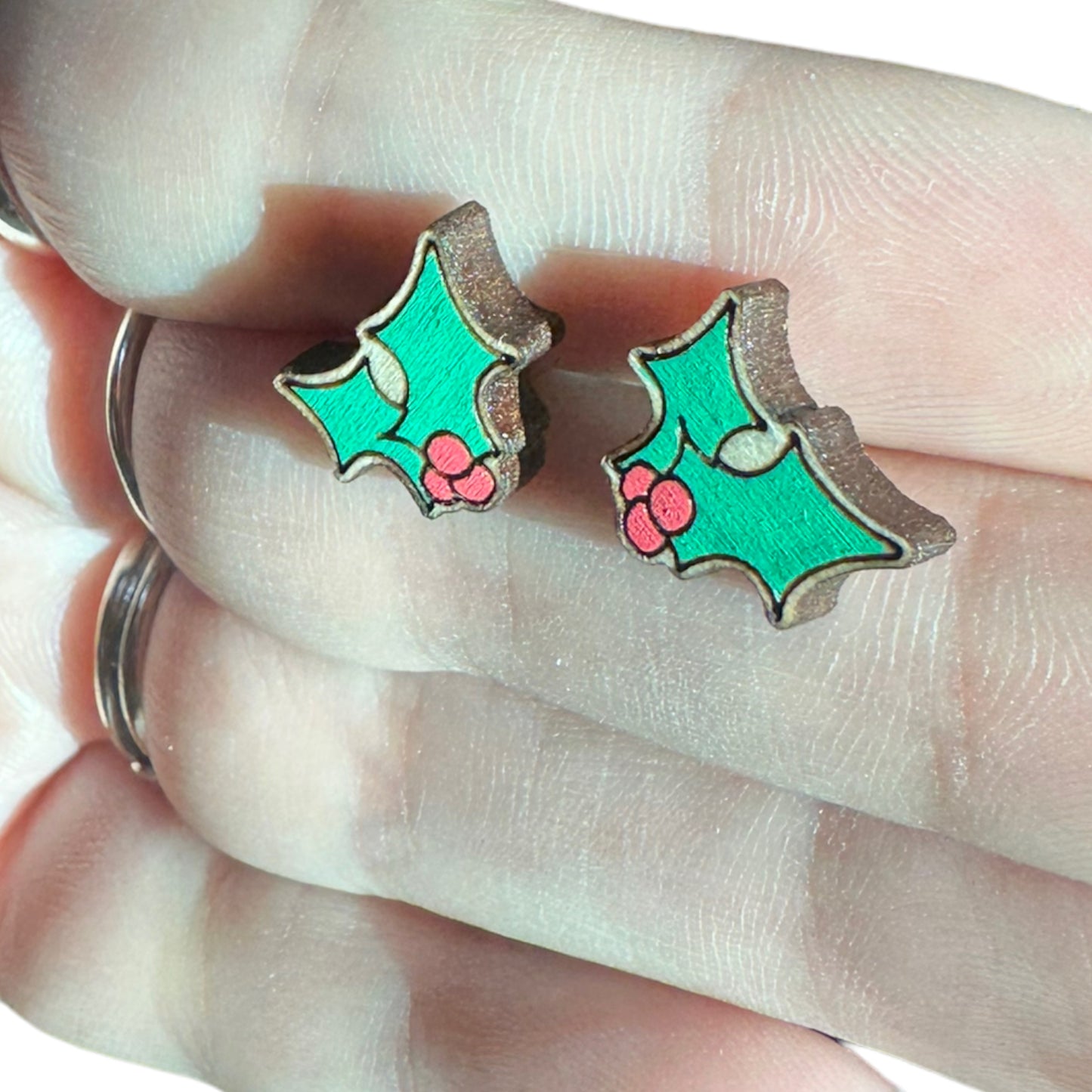 Hypoallergenic Christmas Holly Laser Engraved Wooden Earrings