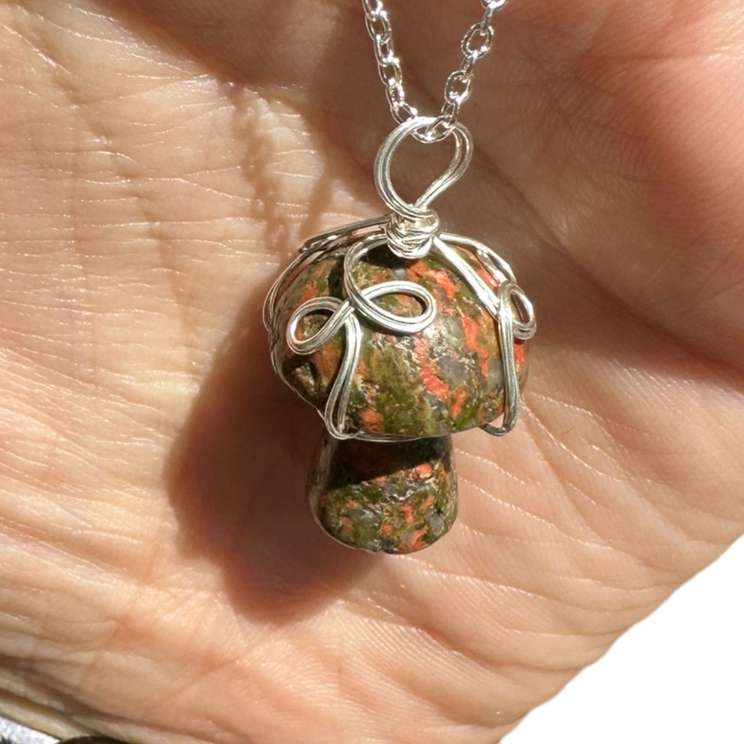 Sterling Silver | 14KT Gold Filled Wire Wrapped Unakite Crystal Mushroom Pendant