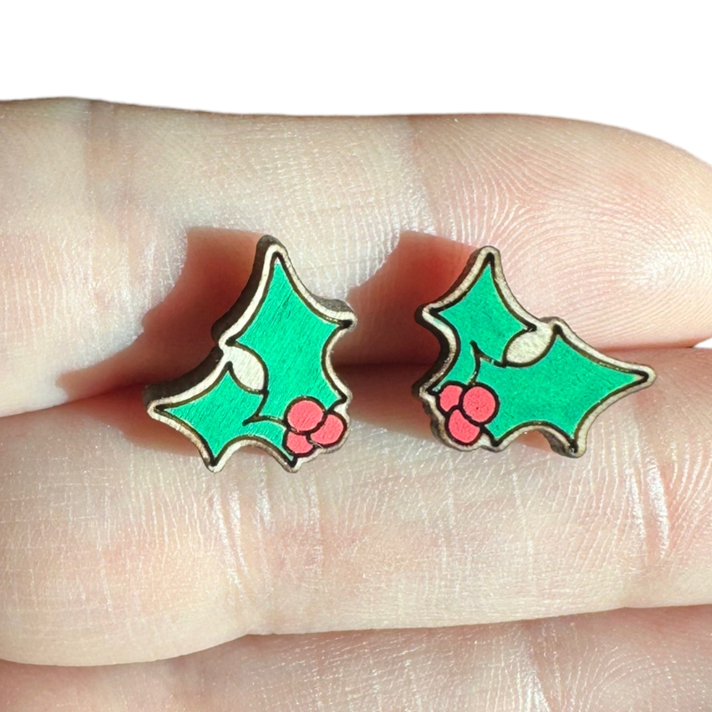 Hypoallergenic Christmas Holly Laser Engraved Wooden Earrings