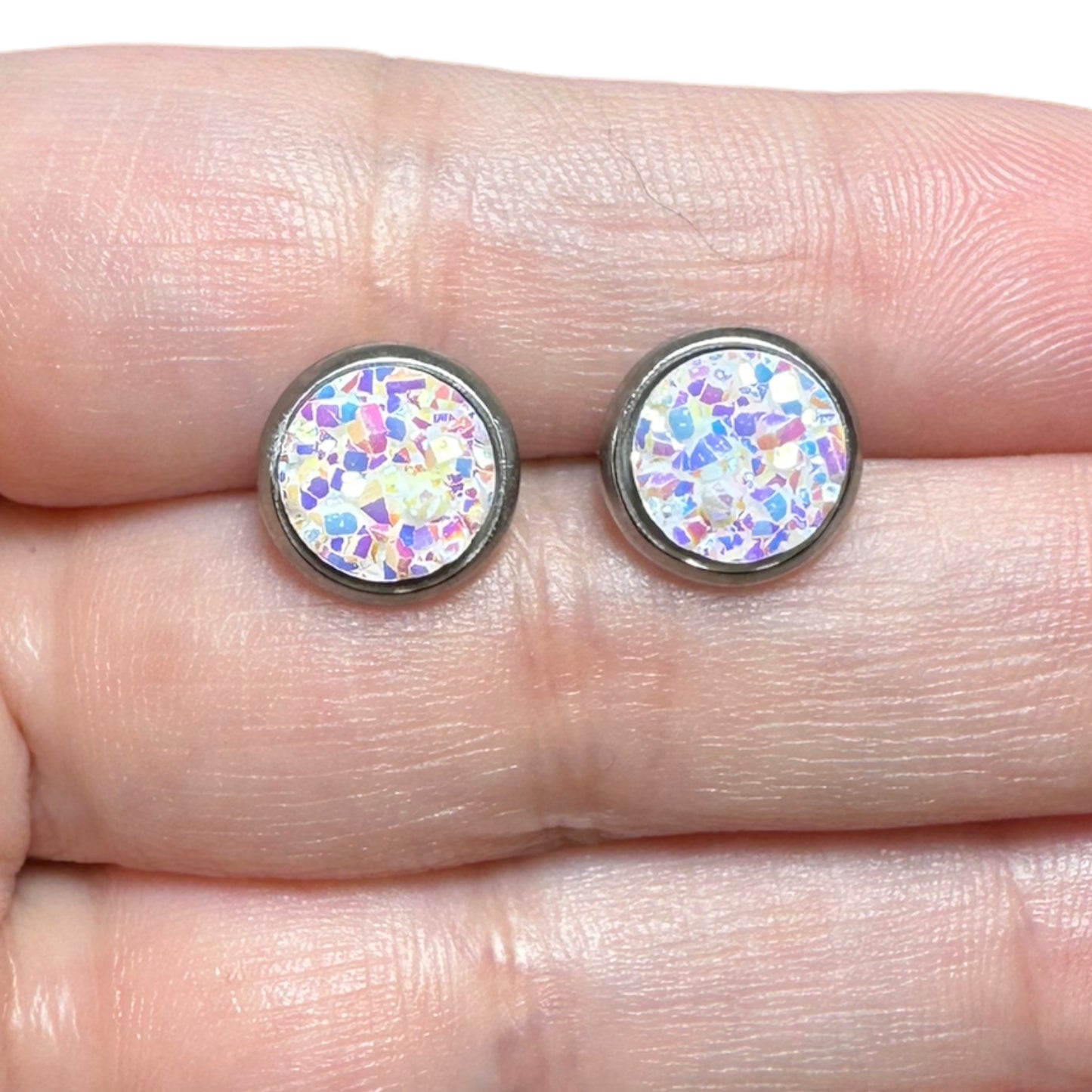 8MM Hypoallergenic White with Multi-Colored Sparkle Druzy Earring Studs