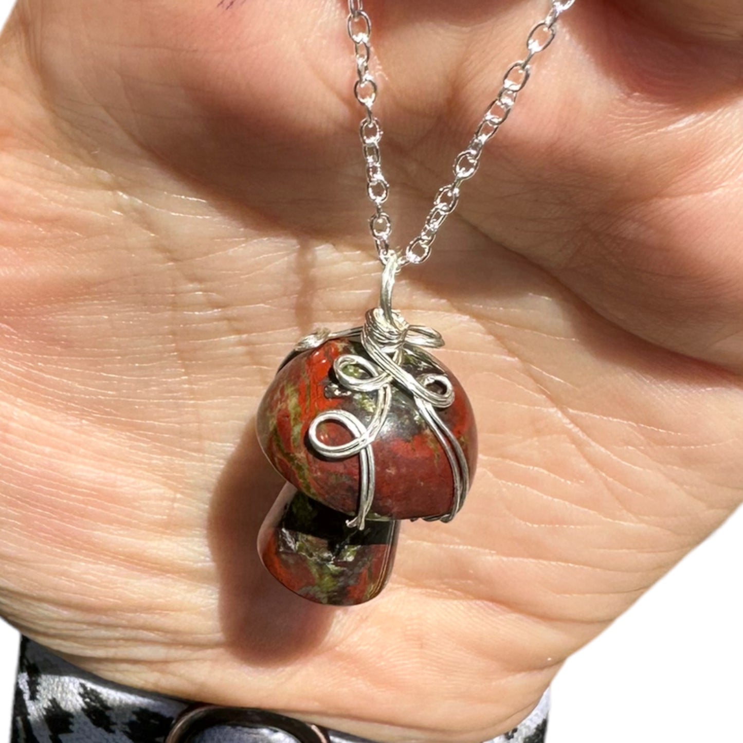 Sterling Silver | 14KT Gold Filled Bloodstone Wire Wrapped Mushroom Pendant