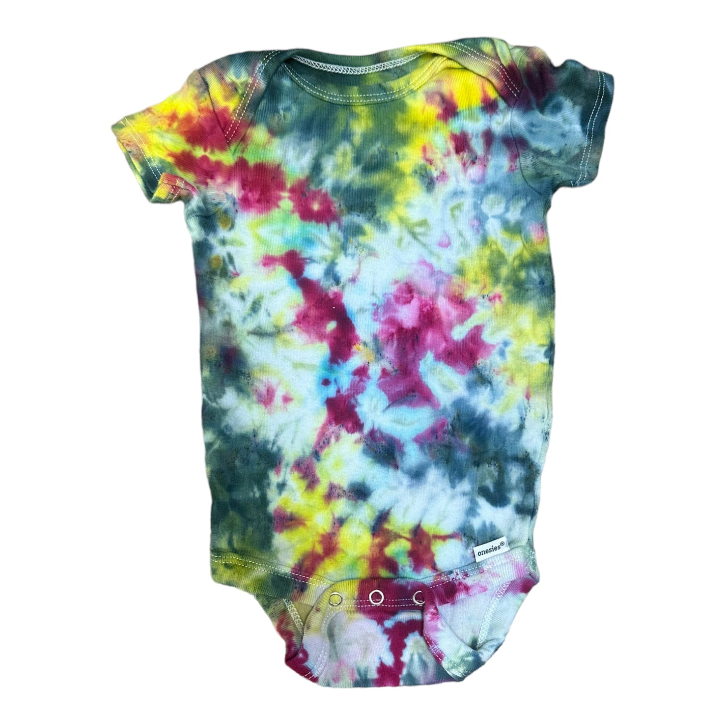 Infant 3-6 Months Teal Yellow and Fuchsia Ice Dye Tie Dye Short Sleeve Onesie