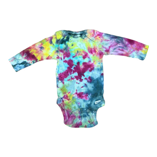 Infant 0-3 Months Teal Yellow and Fuchsia Scrunch Ice Dye Tie Dye Long Sleeve Onesie