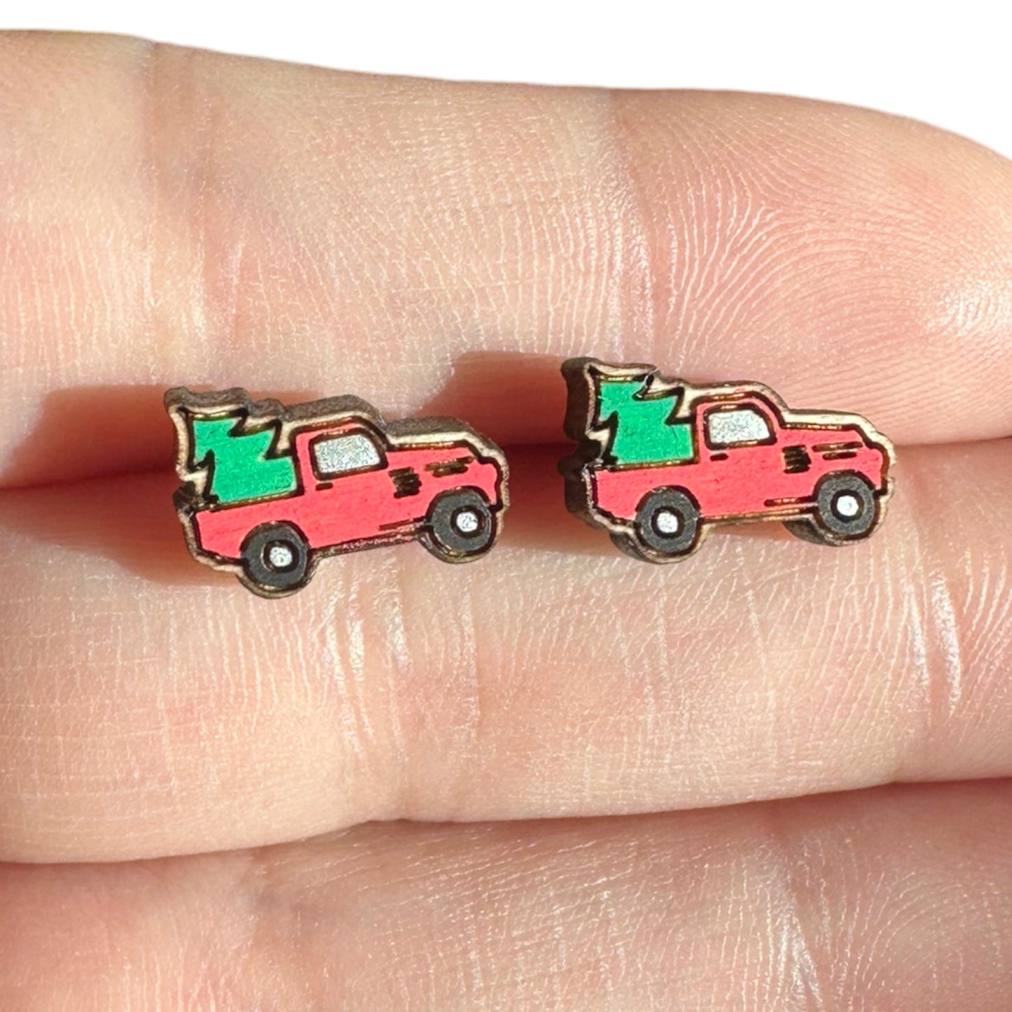 Hypoallergenic Christmas Vintage Truck and Tree Laser Engraved Wooden Earrings