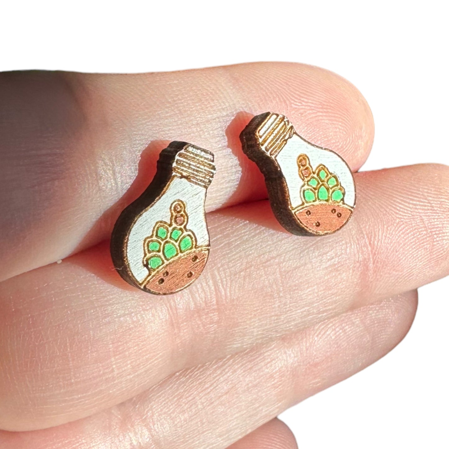 Hypoallergenic Hand Painted Light Bulb Succulent Laser Engraved Wood Stud Earrings