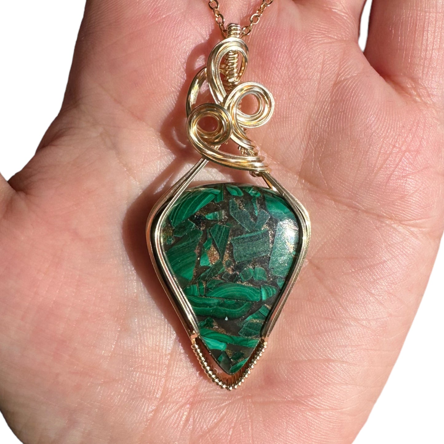 14KT Gold Filled Wire Wrapped Malachite in Copper Crystal Bezel Pendant