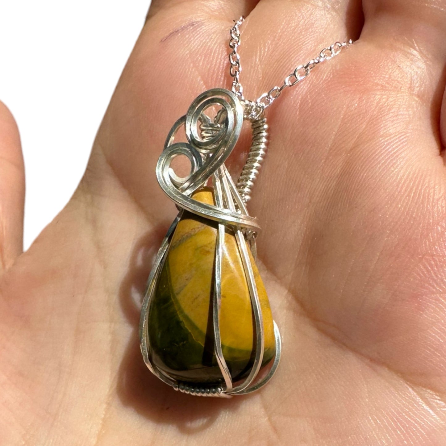Sterling Silver Wire Wrapped Bumble Bee Jasper Crystal Bezel Pendant