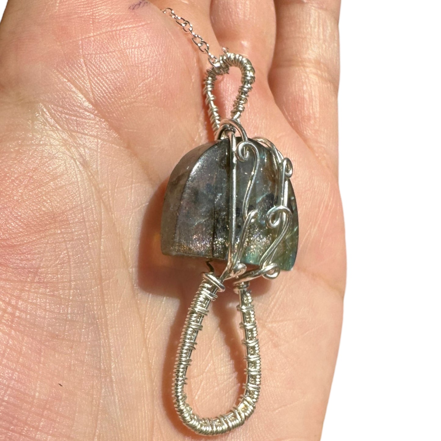 Sterling Silver Wire Wrapped Full Flash Labradorite Top Crystal Mushroom Pendant