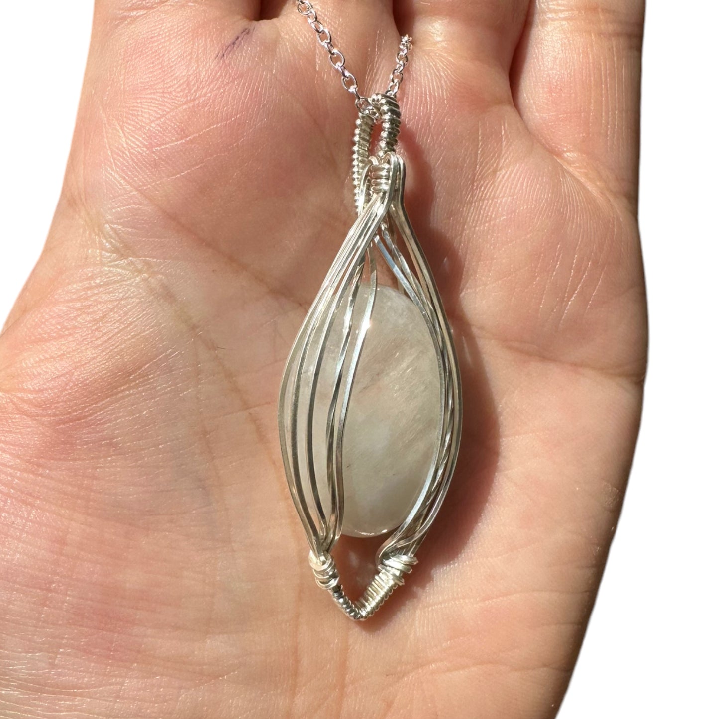 Sterling Silver Wire Wrapped Moonstone Crystal Elegant Non-Curly Bezel Pendant