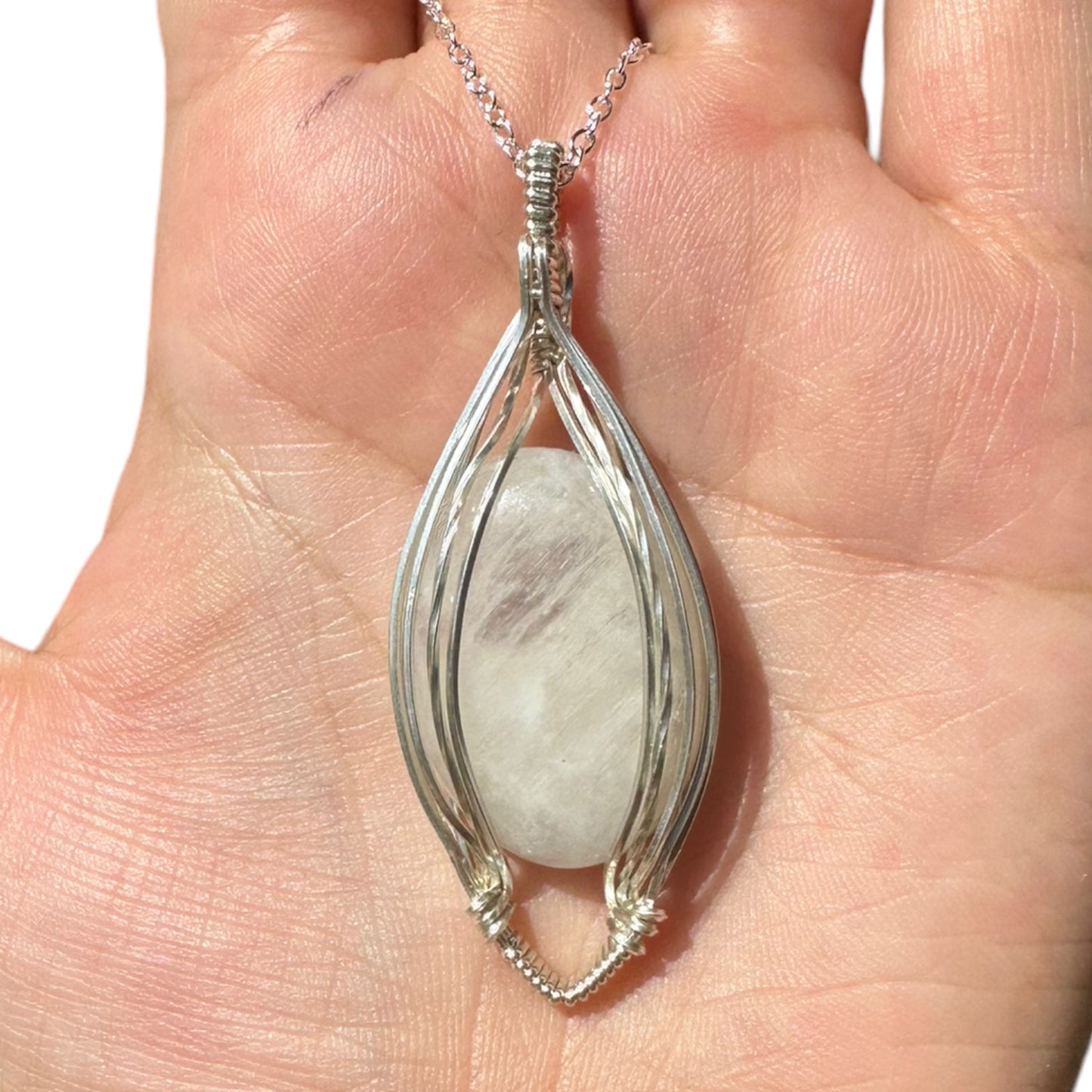 Sterling Silver Wire Wrapped Moonstone Crystal Elegant Non-Curly Bezel Pendant