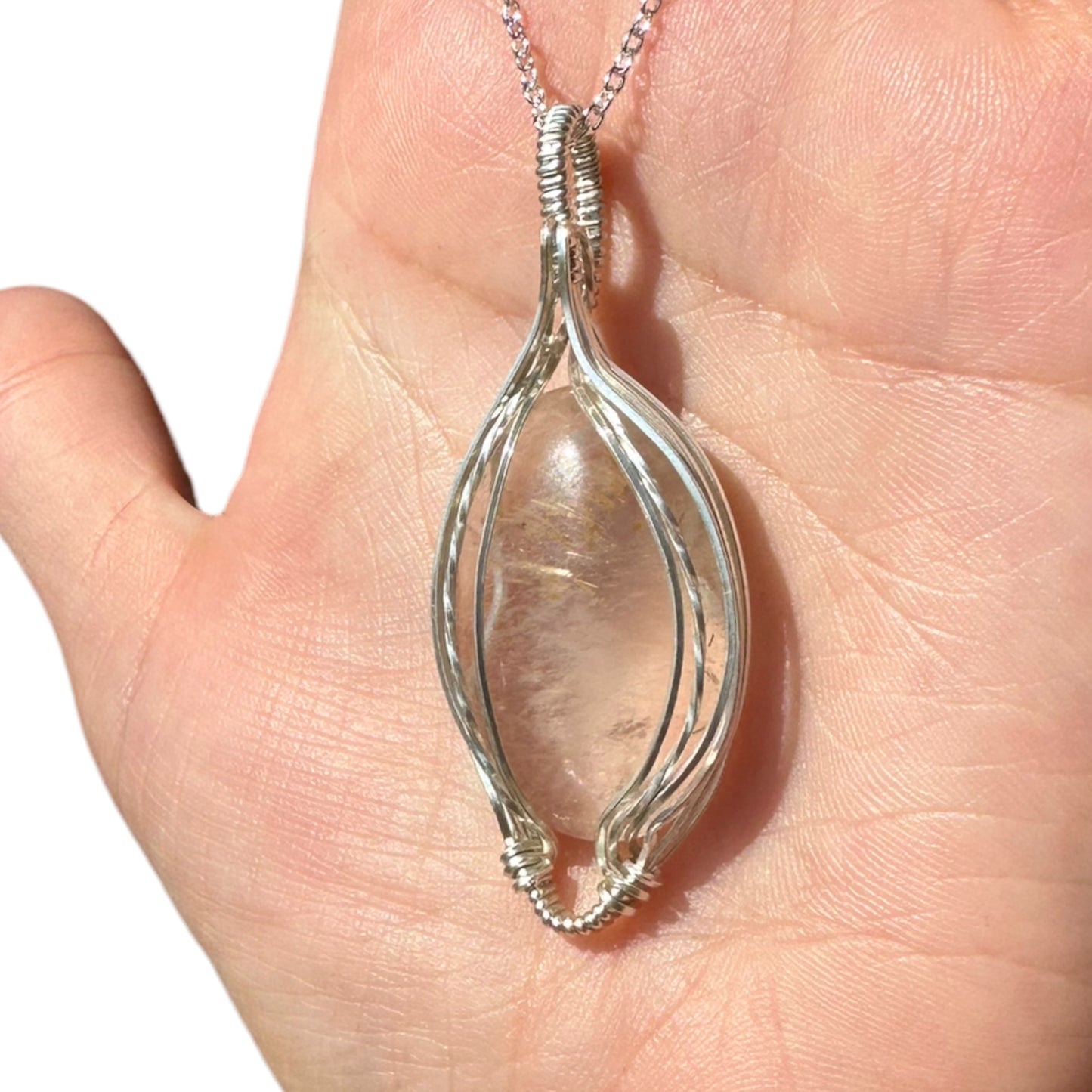 Sterling Silver Wire Wrapped Rutilated Quartz Crystal Elegant Non-Curly Bezel Pendant
