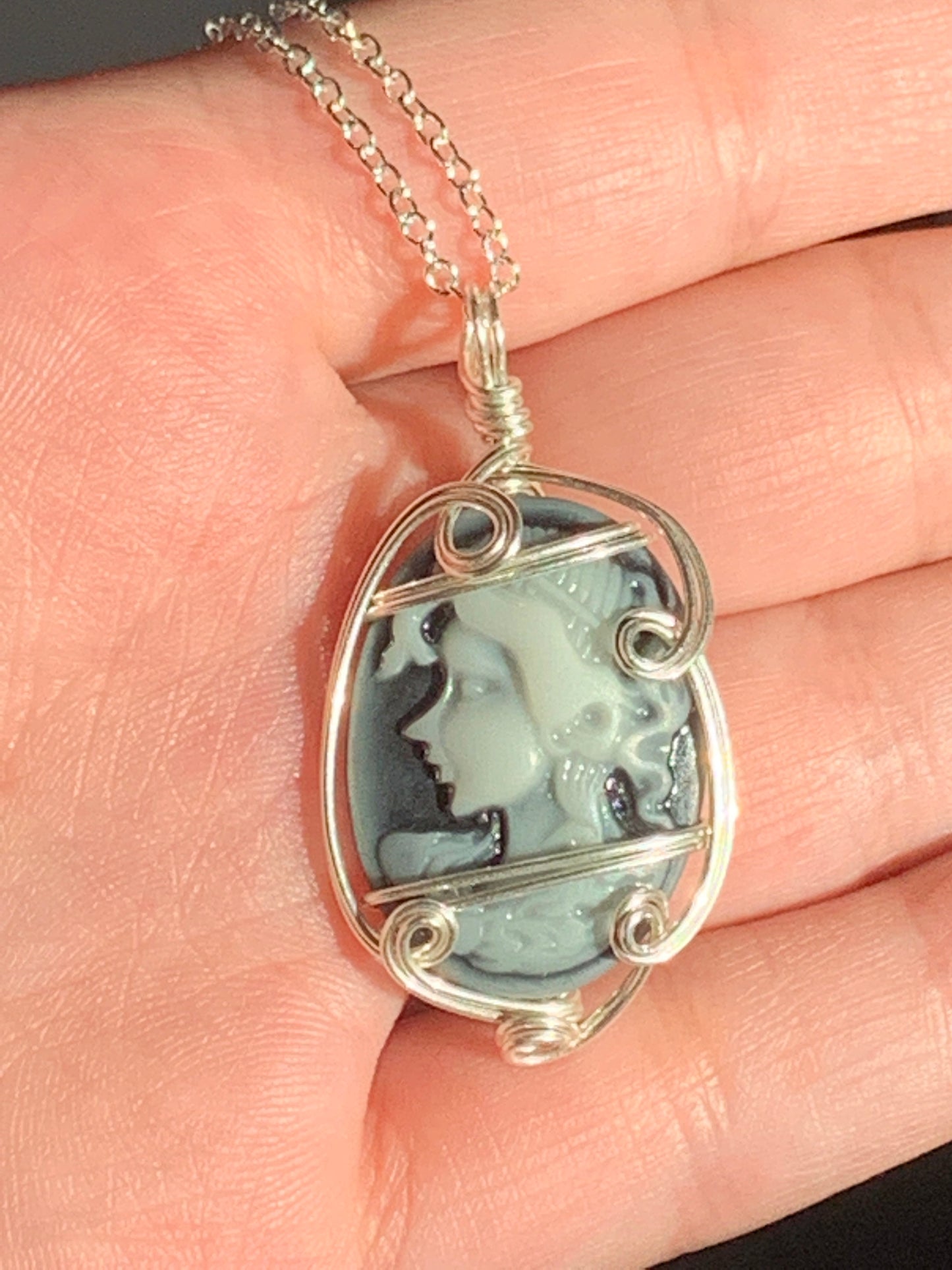 Sterling Silver Black and White Vintage Antique Cameo Pendant